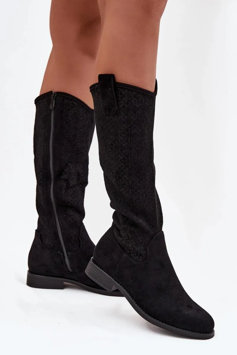 Kozaki Płaskie|Kozaki Przed Kolano>Damskie buty S.Barski Kozaki Damskie Ażurowe Na Płaskim Obcasie S.Barski HY52-534 Czarne Czarny