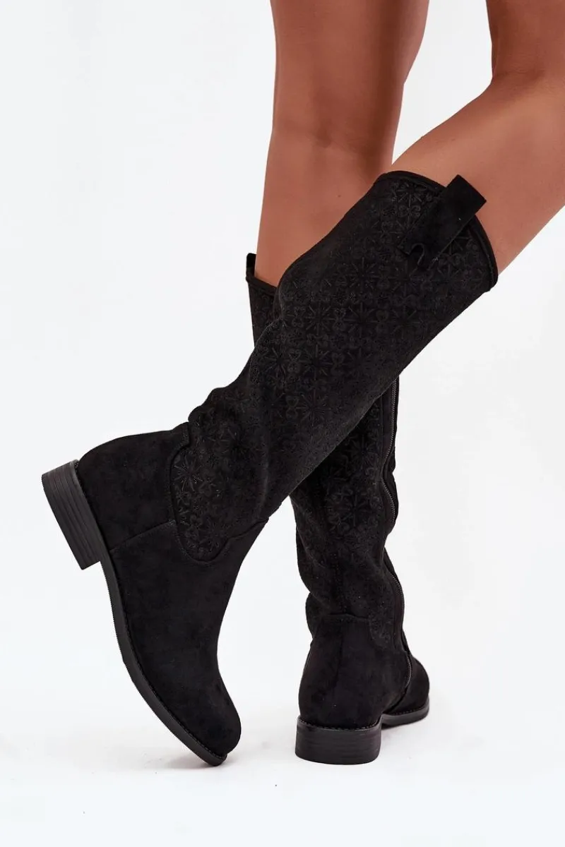 Kozaki Płaskie|Kozaki Przed Kolano>Damskie buty S.Barski Kozaki Damskie Ażurowe Na Płaskim Obcasie S.Barski HY52-534 Czarne Czarny