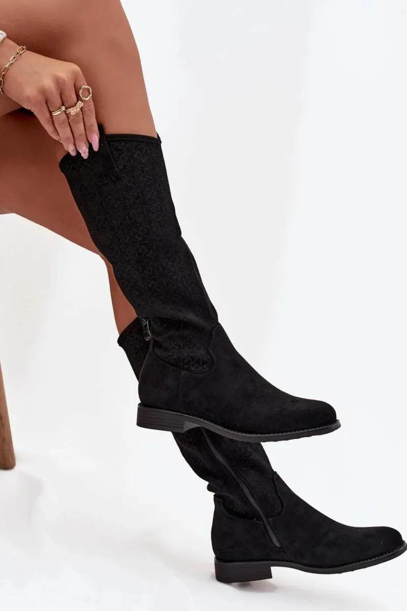 Kozaki Płaskie|Kozaki Przed Kolano>Damskie buty S.Barski Kozaki Damskie Ażurowe Na Płaskim Obcasie S.Barski HY52-534 Czarne Czarny