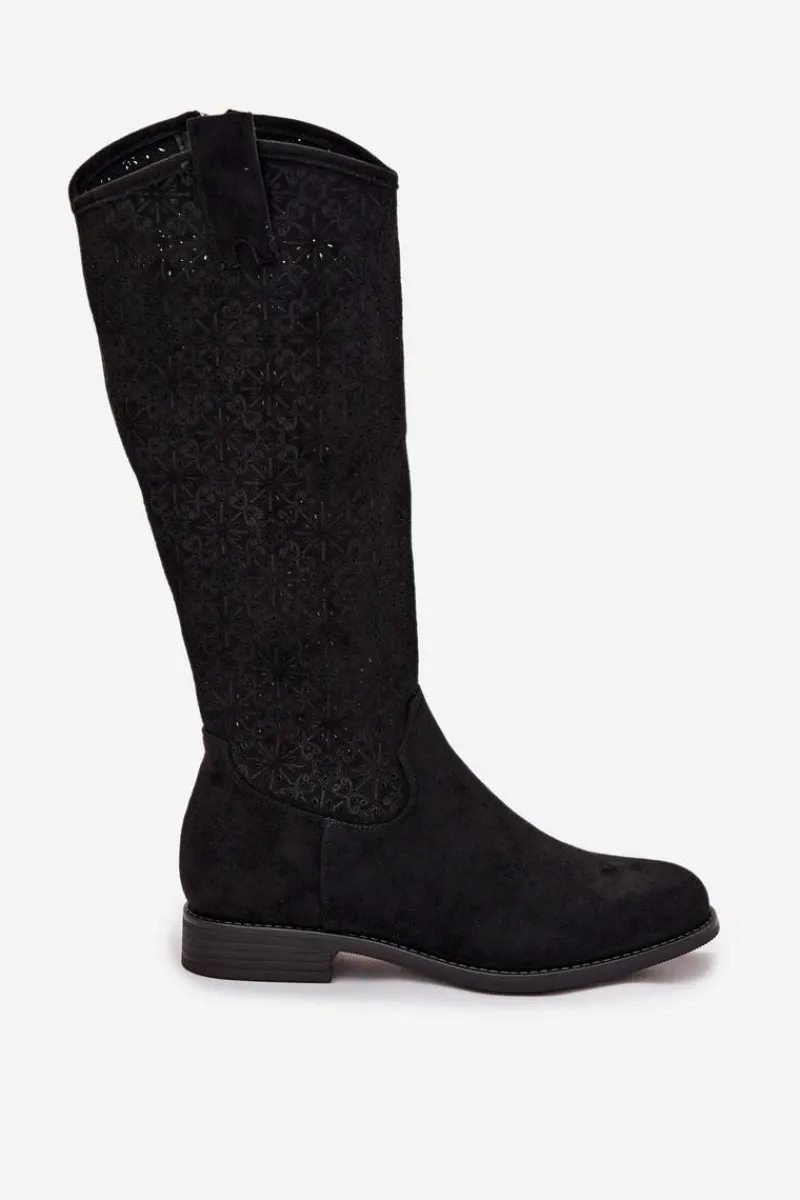 Kozaki Płaskie|Kozaki Przed Kolano>Damskie buty S.Barski Kozaki Damskie Ażurowe Na Płaskim Obcasie S.Barski HY52-534 Czarne Czarny