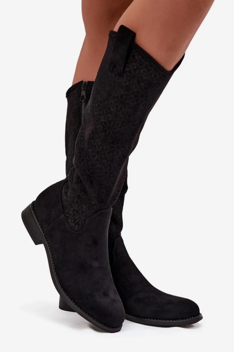 Kozaki Płaskie|Kozaki Przed Kolano>Damskie buty S.Barski Kozaki Damskie Ażurowe Na Płaskim Obcasie S.Barski HY52-534 Czarne Czarny