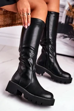 Sale Boto Kozaki Damskie Ciepłe Czarne Ambicious