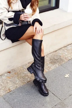 Clearance Kozaki Damskie Ciepłe Czarne 04842-01 Damskie Kozaki Płaskie