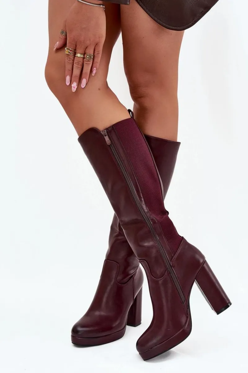 Kozaki Ocieplane|Kozaki Na Słupku>Boto Kozaki Damskie Do Kolana Na Słupku Eko Skórzane Bordowe Thalina Czerwony