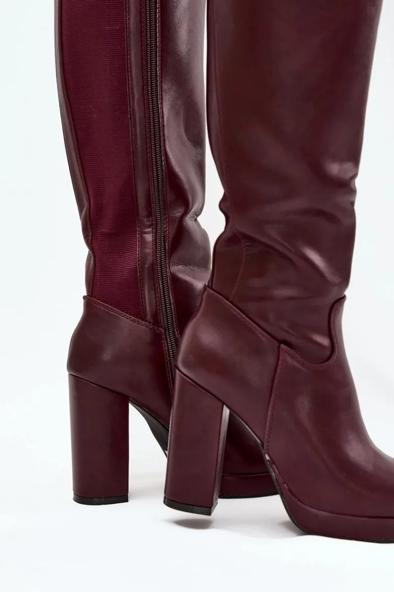 Kozaki Ocieplane|Kozaki Na Słupku>Boto Kozaki Damskie Do Kolana Na Słupku Eko Skórzane Bordowe Thalina Czerwony