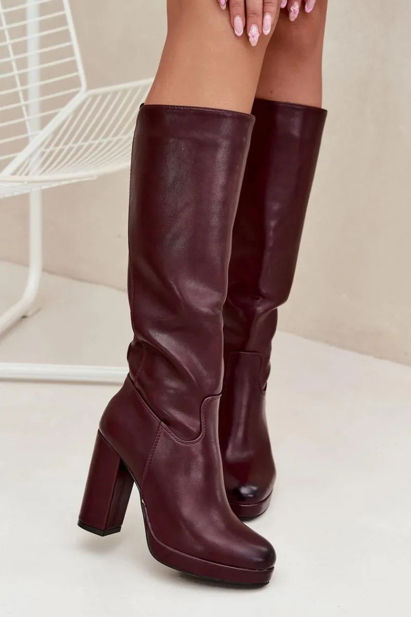 Kozaki Ocieplane|Kozaki Na Słupku>Boto Kozaki Damskie Do Kolana Na Słupku Eko Skórzane Bordowe Thalina Czerwony