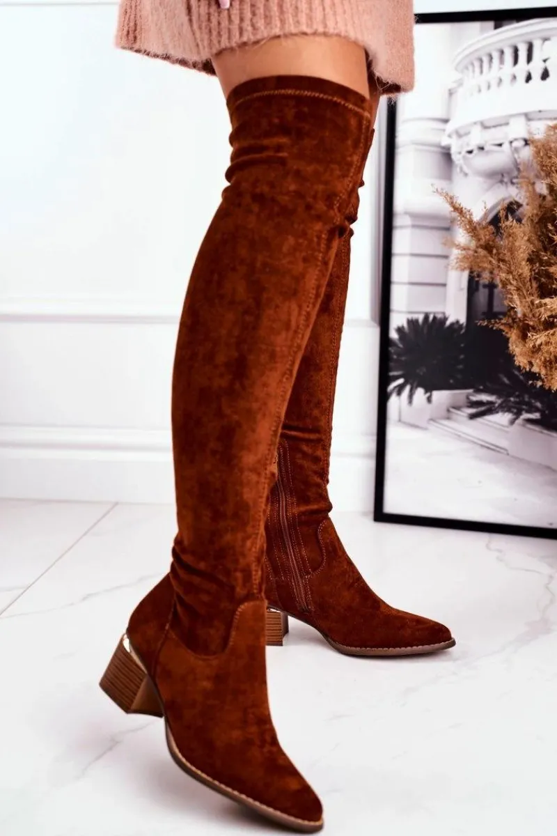 Kozaki Wiosenne|Kozaki Na Obcasie>Boto Kozaki Damskie Do Kolana Eko-Zamsz Camel Indigo