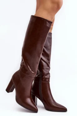Best Kozaki Damskie Do Kolana Na Słupku Brązowe Fiminna Damskie Kozaki Przed Kolano|Kozaki Na Obcasie