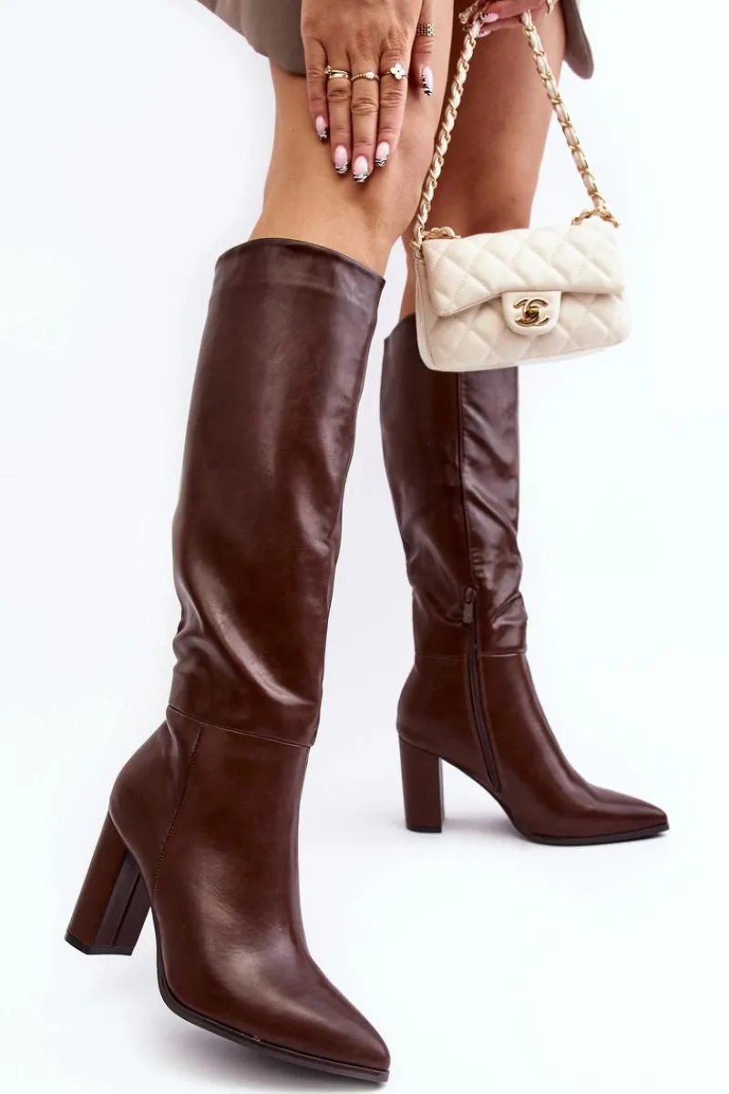 Best Kozaki Damskie Do Kolana Na Słupku Brązowe Fiminna Damskie Kozaki Przed Kolano|Kozaki Na Obcasie