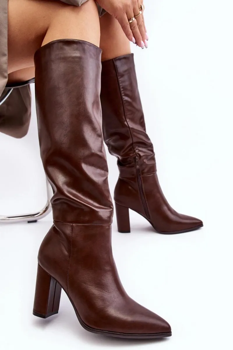 Best Kozaki Damskie Do Kolana Na Słupku Brązowe Fiminna Damskie Kozaki Przed Kolano|Kozaki Na Obcasie