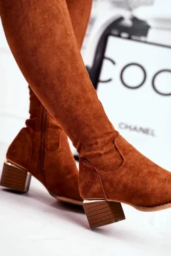 Kozaki damskie do kolana eko-zamsz camel Can't Stop Damskie Kozaki Wiosenne|Kozaki Na Obcasie