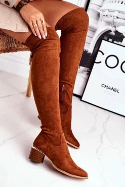 Kozaki damskie do kolana eko-zamsz camel Can't Stop Damskie Kozaki Wiosenne|Kozaki Na Obcasie