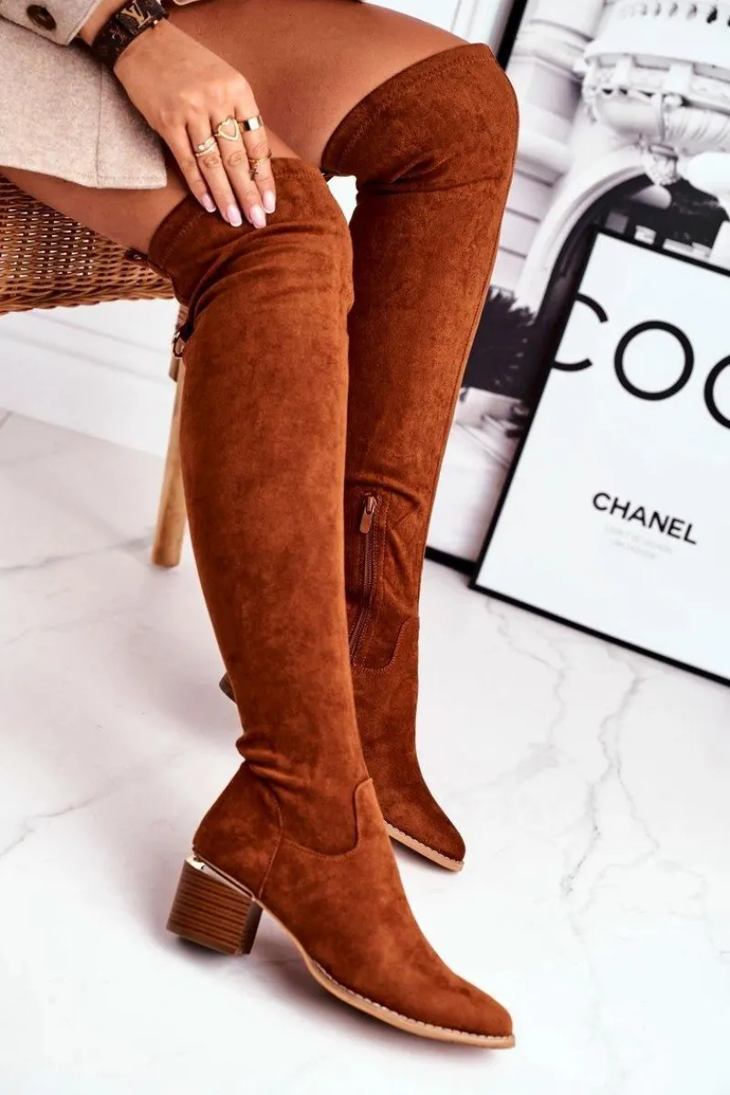 Kozaki damskie do kolana eko-zamsz camel Can't Stop Damskie Kozaki Wiosenne|Kozaki Na Obcasie