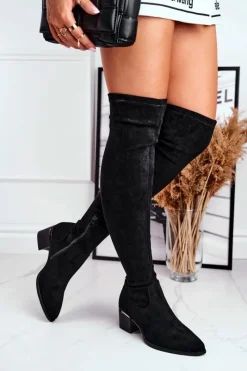 Kozaki Damskie Do Kolana Eko-Zamsz Czarne Indigo Damskie Kozaki Wiosenne|Kozaki Na Obcasie