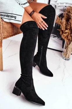 Kozaki Damskie Do Kolana Eko-Zamsz Czarne Indigo Damskie Kozaki Wiosenne|Kozaki Na Obcasie