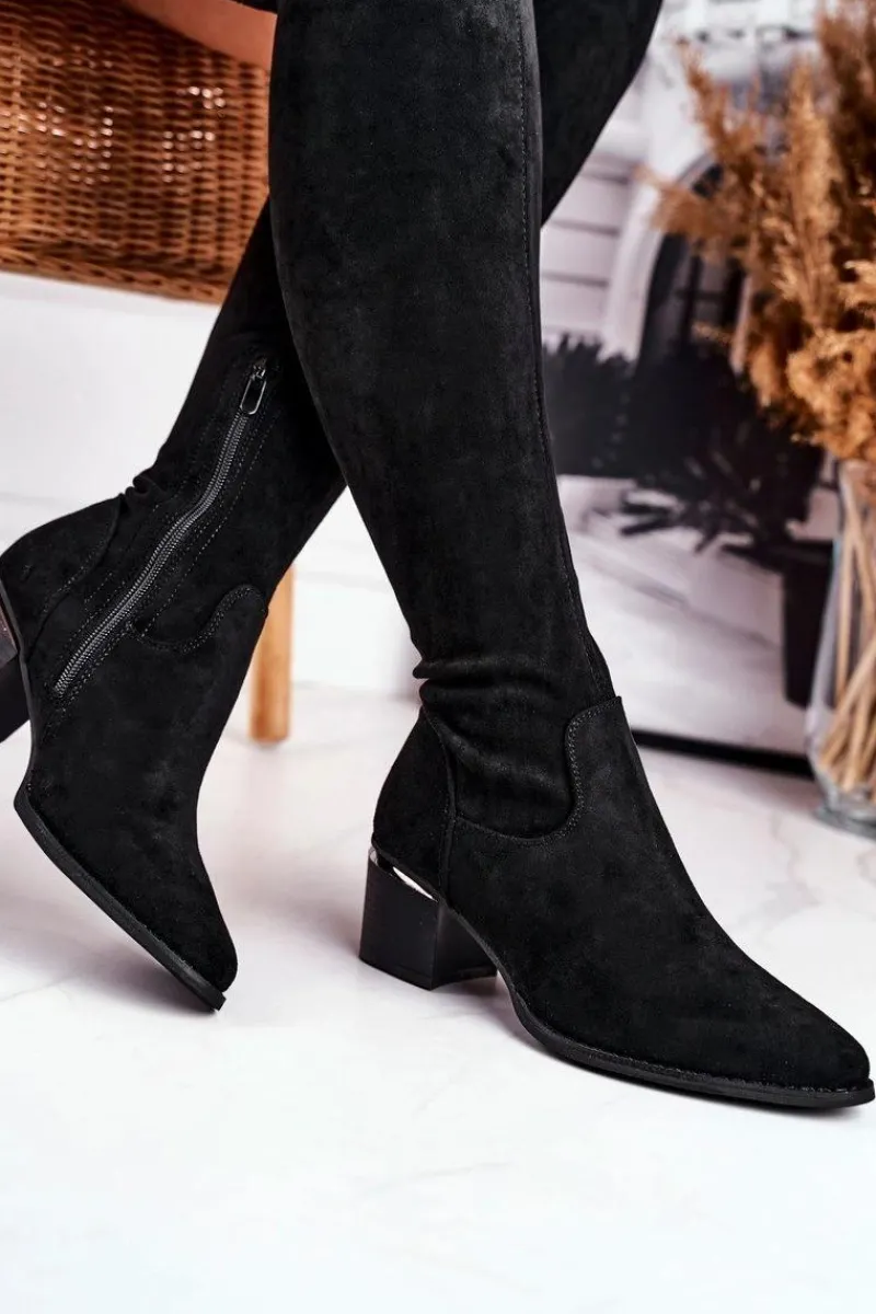 Kozaki Damskie Do Kolana Eko-Zamsz Czarne Indigo Damskie Kozaki Wiosenne|Kozaki Na Obcasie