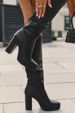 Discount Kozaki Damskie Do Kolana Na Słupku Eko Skórzane Czarne Thalina Damskie Kozaki Ocieplane|Kozaki Na Słupku