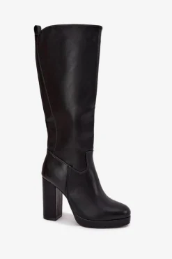 Discount Kozaki Damskie Do Kolana Na Słupku Eko Skórzane Czarne Thalina Damskie Kozaki Ocieplane|Kozaki Na Słupku