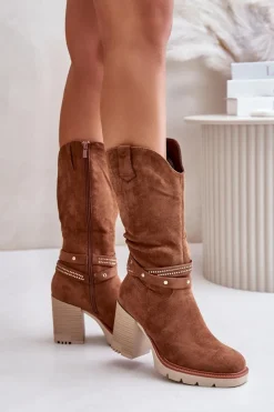 Kozaki Ocieplane|Kozaki Na Słupku>Boto Kozaki Damskie Do Połowy Łydki Na Słupku Ocieplane Camel Ivanelis Brązowy