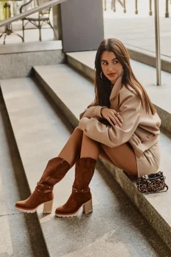 Kozaki Ocieplane|Kozaki Na Słupku>Boto Kozaki Damskie Do Połowy Łydki Na Słupku Ocieplane Camel Ivanelis Brązowy