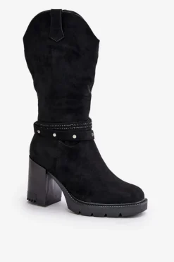 Best Kozaki Damskie Do Połowy Łydki Na Słupku Ocieplane Czarne Ivanelis Damskie Kozaki Ocieplane|Kozaki Na Słupku