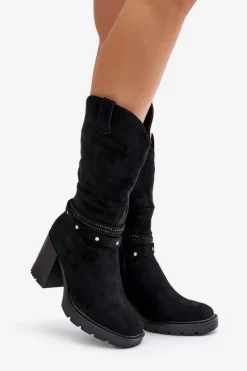 Best Kozaki Damskie Do Połowy Łydki Na Słupku Ocieplane Czarne Ivanelis Damskie Kozaki Ocieplane|Kozaki Na Słupku