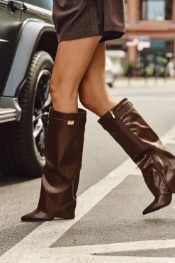 Sale Kozaki Damskie Eko Skórzane Z Wywiniętą Cholewką Na Słupku Brązowe Avamora Damskie Kozaki Ocieplane|Kozaki Na Słupku