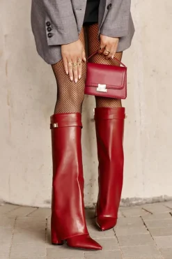 Kozaki Ocieplane|Kozaki Na Słupku>Boto Kozaki Damskie Eko Skórzane Z Wywiniętą Cholewką Na Słupku Bordowe Avamora Czerwony