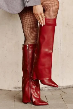 Kozaki Ocieplane|Kozaki Na Słupku></noscript>Boto Kozaki Damskie Eko Skórzane Z Wywiniętą Cholewką Na Słupku Bordowe Avamora Czerwony