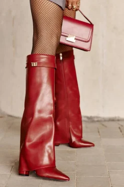 Kozaki Ocieplane|Kozaki Na Słupku></noscript>Boto Kozaki Damskie Eko Skórzane Z Wywiniętą Cholewką Na Słupku Bordowe Avamora Czerwony