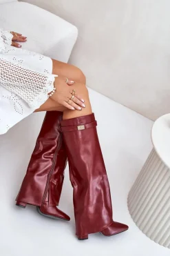 Kozaki Ocieplane|Kozaki Na Słupku></noscript>Boto Kozaki Damskie Eko Skórzane Z Wywiniętą Cholewką Na Słupku Bordowe Avamora Czerwony