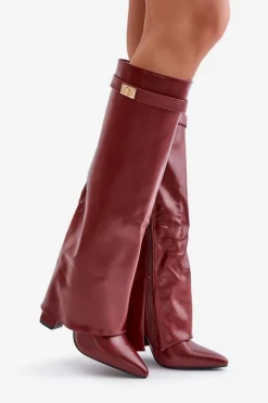 Kozaki Ocieplane|Kozaki Na Słupku></noscript>Boto Kozaki Damskie Eko Skórzane Z Wywiniętą Cholewką Na Słupku Bordowe Avamora Czerwony