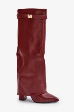 Kozaki Ocieplane|Kozaki Na Słupku></noscript>Boto Kozaki Damskie Eko Skórzane Z Wywiniętą Cholewką Na Słupku Bordowe Avamora Czerwony