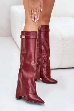 Kozaki Ocieplane|Kozaki Na Słupku></noscript>Boto Kozaki Damskie Eko Skórzane Z Wywiniętą Cholewką Na Słupku Bordowe Avamora Czerwony