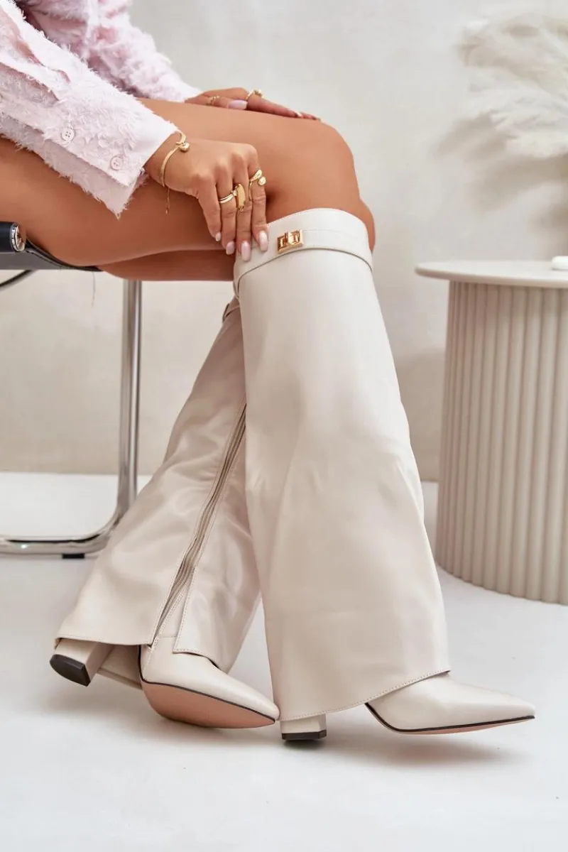 Online Kozaki Damskie Eko Skórzane Z Wywiniętą Cholewką Na Słupku Jasnobeżowe Avamora Damskie Kozaki Z Wywiniętą Cholewką|Kozaki Przed Kolano