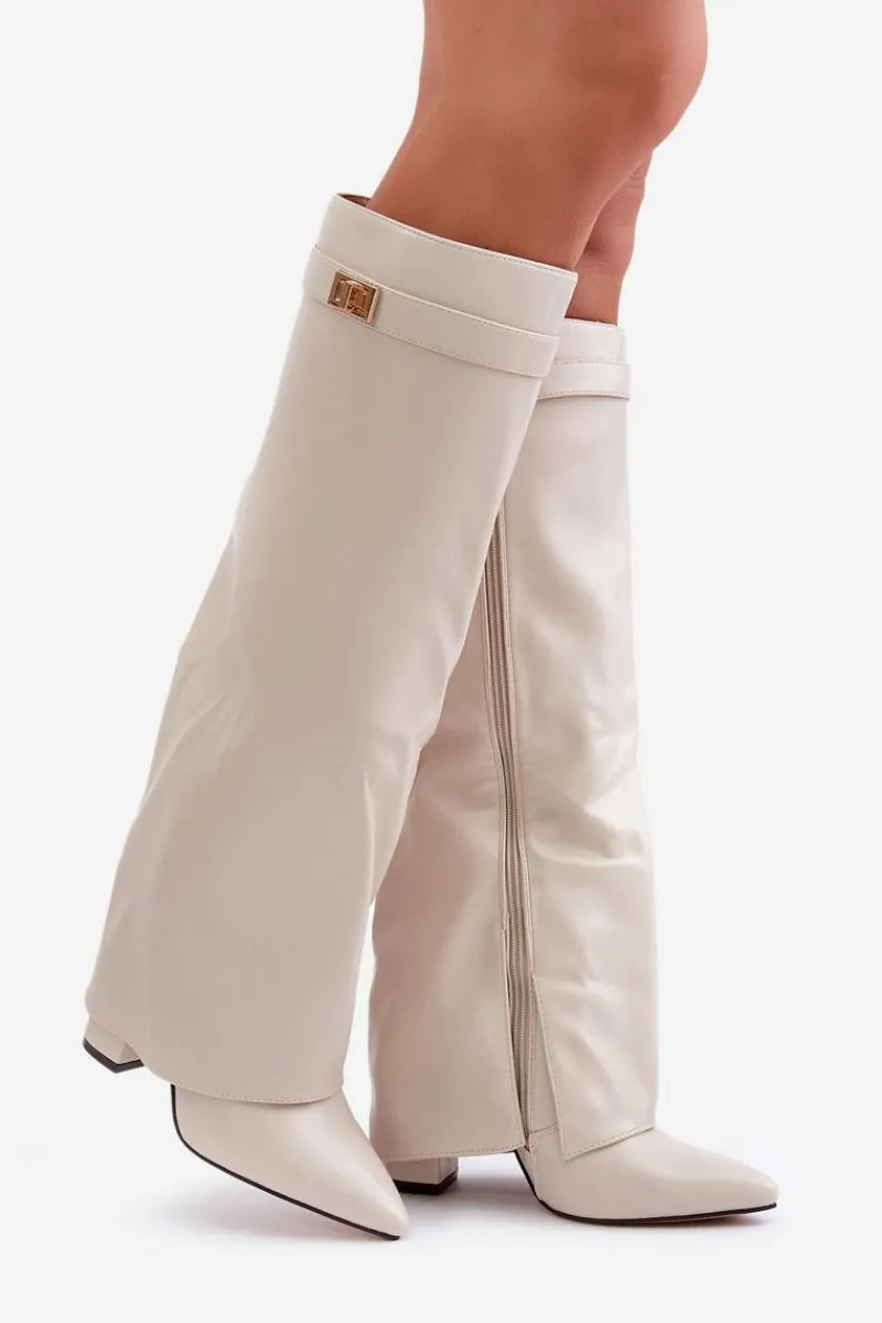 Online Kozaki Damskie Eko Skórzane Z Wywiniętą Cholewką Na Słupku Jasnobeżowe Avamora Damskie Kozaki Z Wywiniętą Cholewką|Kozaki Przed Kolano