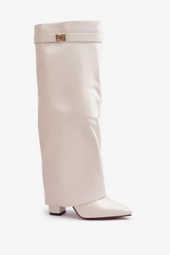 Online Kozaki Damskie Eko Skórzane Z Wywiniętą Cholewką Na Słupku Jasnobeżowe Avamora Damskie Kozaki Z Wywiniętą Cholewką|Kozaki Przed Kolano