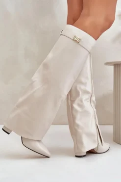 Online Kozaki Damskie Eko Skórzane Z Wywiniętą Cholewką Na Słupku Jasnobeżowe Avamora Damskie Kozaki Z Wywiniętą Cholewką|Kozaki Przed Kolano