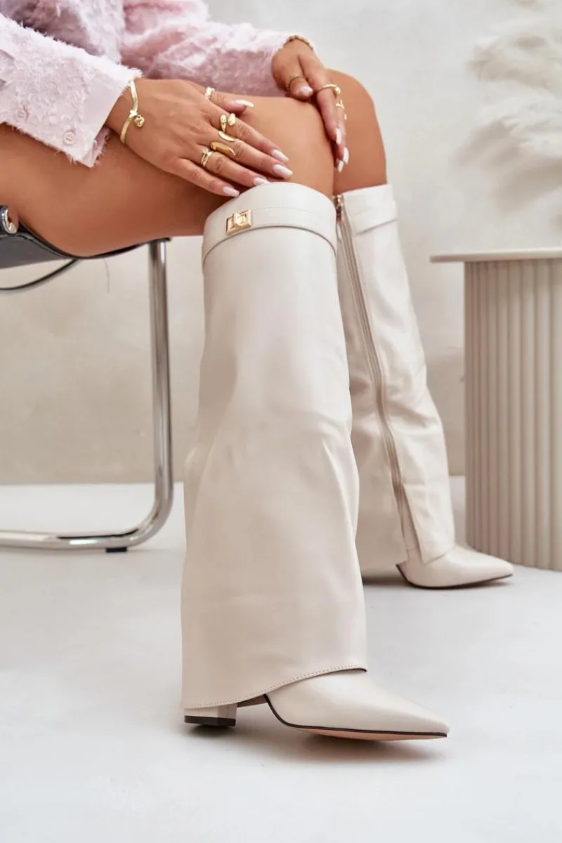 Online Kozaki Damskie Eko Skórzane Z Wywiniętą Cholewką Na Słupku Jasnobeżowe Avamora Damskie Kozaki Z Wywiniętą Cholewką|Kozaki Przed Kolano