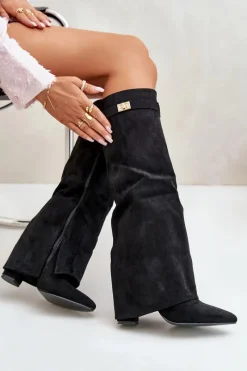 Kozaki Ocieplane|Kozaki Na Słupku>Boto Kozaki Damskie Eko Zamszowe Z Wywiniętą Cholewką Na Słupku Czarne Bralise Czarny