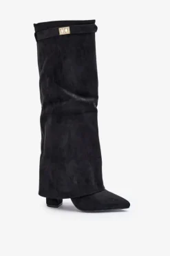 Kozaki Ocieplane|Kozaki Na Słupku>Boto Kozaki Damskie Eko Zamszowe Z Wywiniętą Cholewką Na Słupku Czarne Bralise Czarny