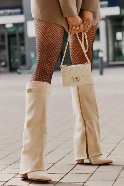 Outlet Kozaki Damskie Eko Zamszowe Z Wywiniętą Cholewką Na Słupku Beżowe Bralise Damskie Kozaki Ocieplane|Kozaki Na Słupku