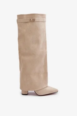 Outlet Kozaki Damskie Eko Zamszowe Z Wywiniętą Cholewką Na Słupku Beżowe Bralise Damskie Kozaki Ocieplane|Kozaki Na Słupku