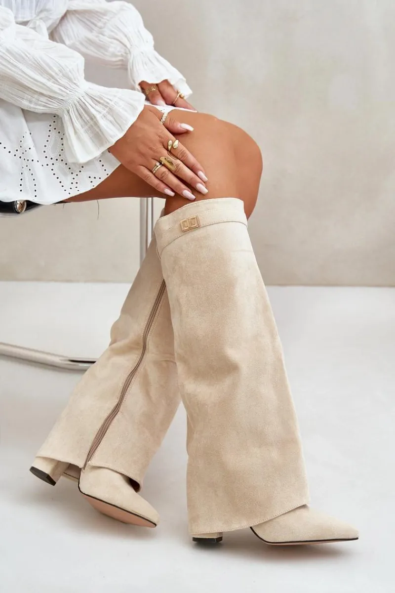 Outlet Kozaki Damskie Eko Zamszowe Z Wywiniętą Cholewką Na Słupku Beżowe Bralise Damskie Kozaki Ocieplane|Kozaki Na Słupku