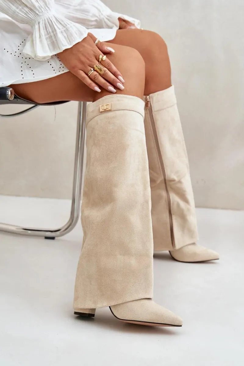 Outlet Kozaki Damskie Eko Zamszowe Z Wywiniętą Cholewką Na Słupku Beżowe Bralise Damskie Kozaki Ocieplane|Kozaki Na Słupku