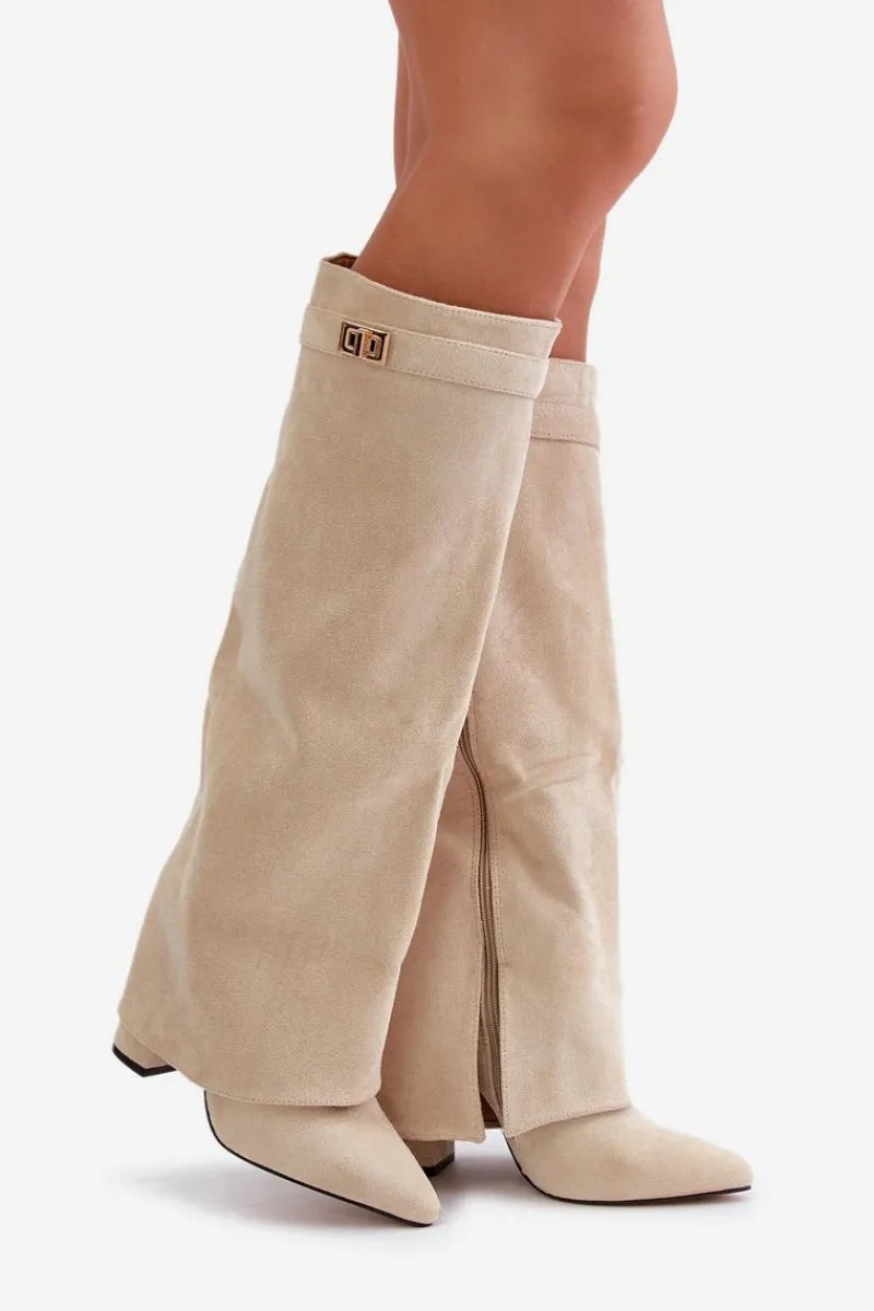 Outlet Kozaki Damskie Eko Zamszowe Z Wywiniętą Cholewką Na Słupku Beżowe Bralise Damskie Kozaki Ocieplane|Kozaki Na Słupku