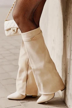 Outlet Kozaki Damskie Eko Zamszowe Z Wywiniętą Cholewką Na Słupku Beżowe Bralise Damskie Kozaki Ocieplane|Kozaki Na Słupku