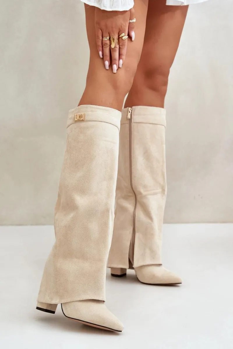 Outlet Kozaki Damskie Eko Zamszowe Z Wywiniętą Cholewką Na Słupku Beżowe Bralise Damskie Kozaki Ocieplane|Kozaki Na Słupku