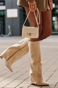 Outlet Kozaki Damskie Eko Zamszowe Z Wywiniętą Cholewką Na Słupku Beżowe Bralise Damskie Kozaki Ocieplane|Kozaki Na Słupku