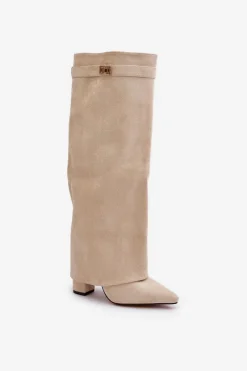 Outlet Kozaki Damskie Eko Zamszowe Z Wywiniętą Cholewką Na Słupku Beżowe Bralise Damskie Kozaki Ocieplane|Kozaki Na Słupku